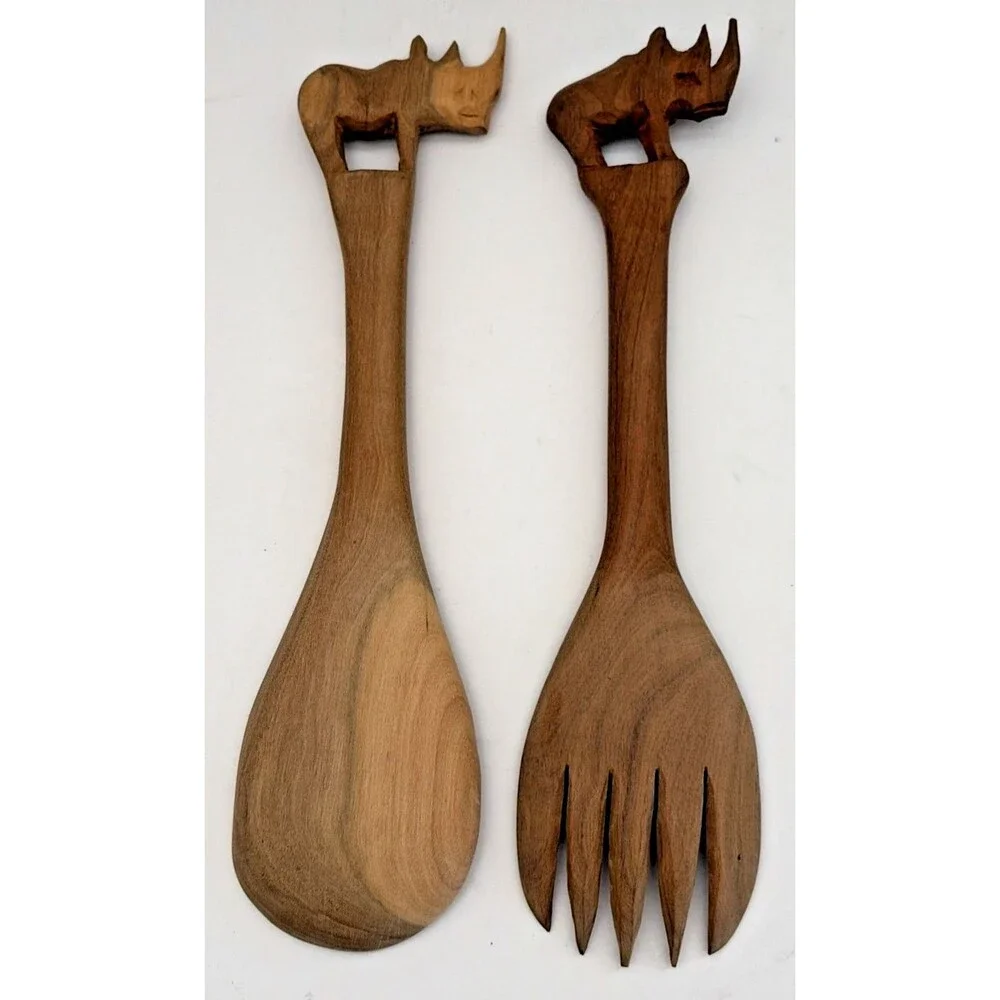 Vintage Hand Carved African Wood Rhinoceros Salad Server Set Black & White Rhino